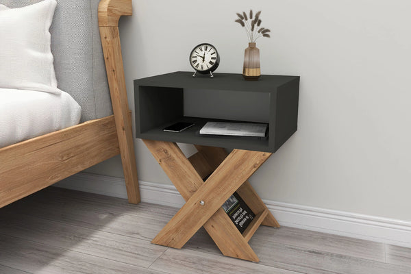 Two-tone anthracite and light pine X-leg bedside table with magazine rack - Sohowells