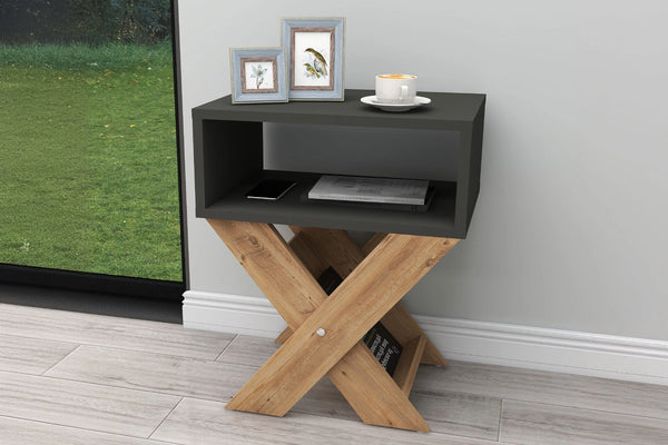 Angled view of two-tone X-leg side table showing crossed leg frame - Sohowells