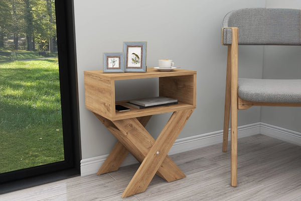 Angled view of light pine X-leg side table showing crossed leg frame - Sohowells