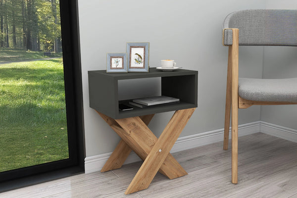 Two-tone X-leg bedside table shown in a bedroom setting - Sohowells