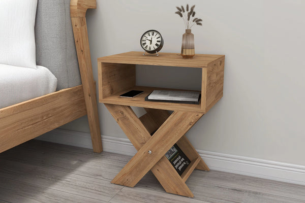 Light pine effect X-leg bedside table with magazine rack and open shelf - Sohowells