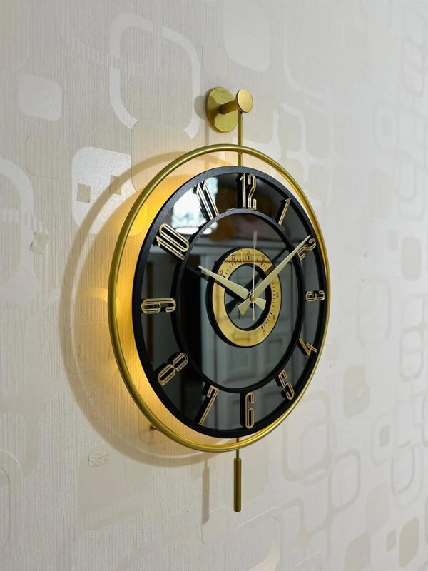 Decorative Wall Clock 40x60cm Metal Gold Frame Modern Large Design with BlackGlass & Led Lights For Living Room, Hallway, Kitchen, Office,Bedroom