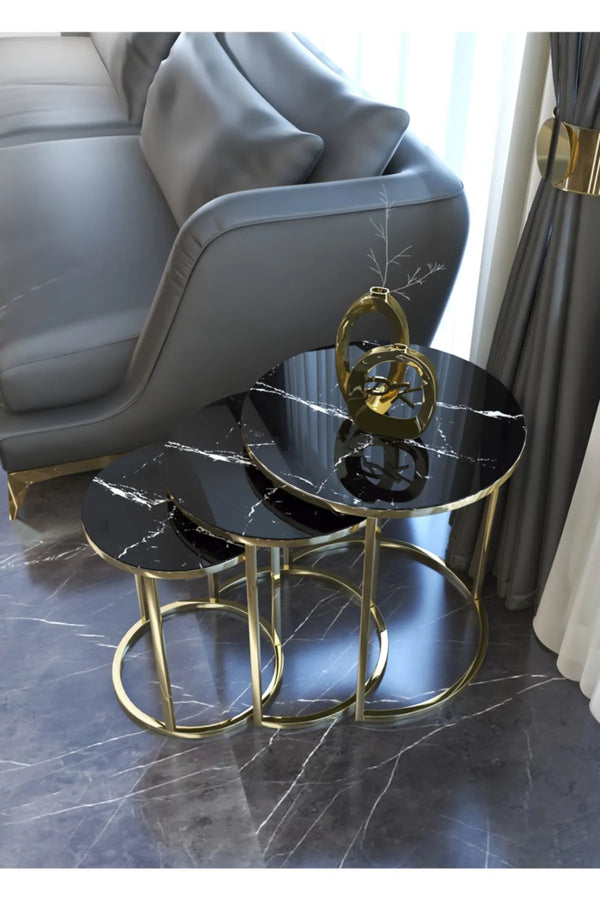 Milano Round Nest Of Tables Set - 3 Pieces Nesting Table Tempered Glass Top