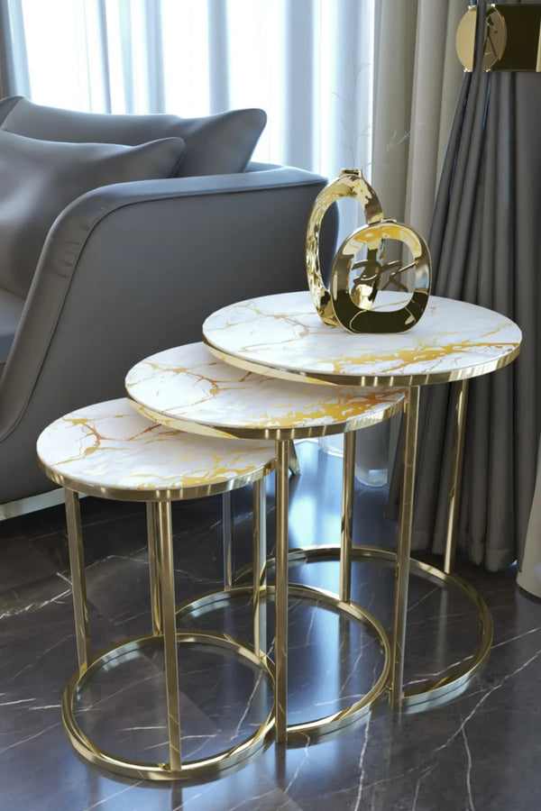 Siena Round Nest Of Tables Set - 3 Pieces Nesting Table Tempered Glass Top