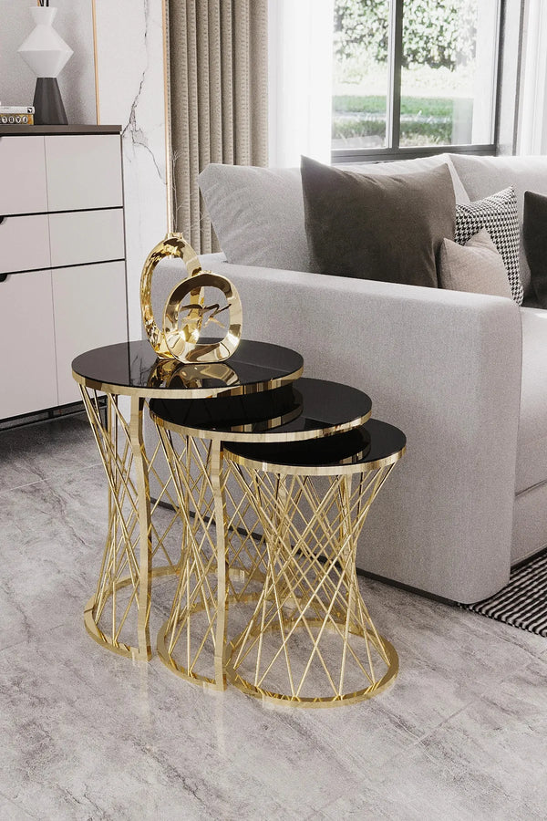 Wembley Round Nest Of Tables Set - 3 Pieces Nesting Table Tempered Glass Top