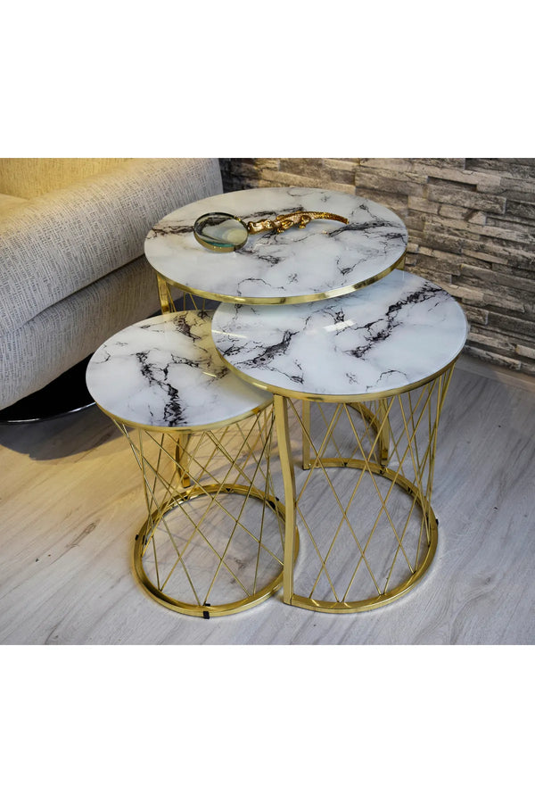 Roydon Round Nest Of Tables Set - 3 Pieces Nesting Table Tempered Glass Top