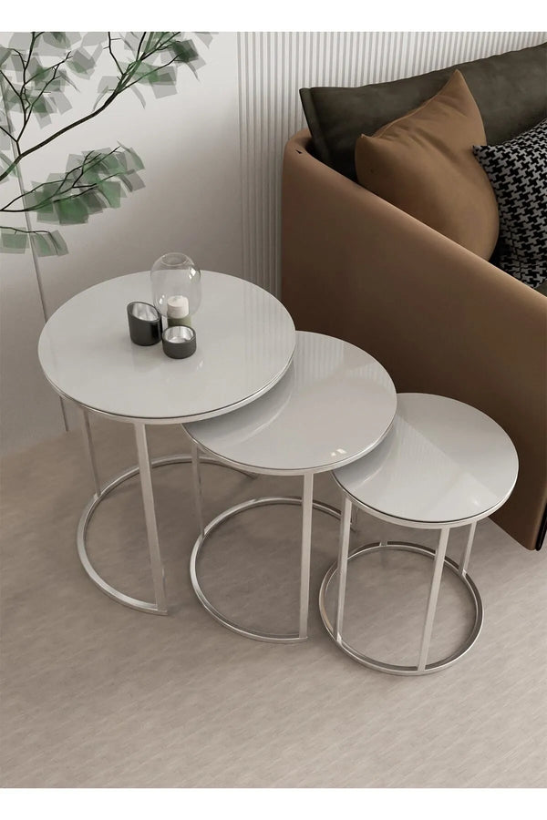 Newton Round Nest Of Tables Set - 3 Pieces Nesting Table Tempered Glass Top