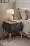 Grey teddy fabric upholstered Lina storage bedside table with wooden legs - Sohowells