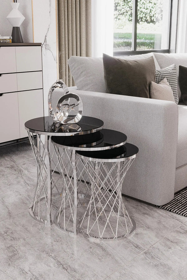 Manhattan Round Nest Of Tables Set - 3 Pieces Nesting Table Tempered Glass Top