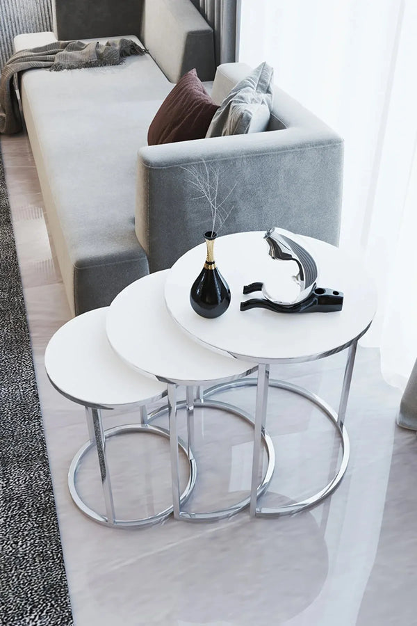 Newton Round Nest Of Tables Set - 3 Pieces Nesting Table Tempered Glass Top