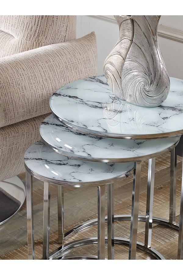 Cappa Round Nest Of Tables Set - 3 Pieces Nesting Table Tempered Glass Top