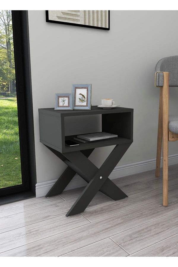 Anthracite X-leg bedside table shown in a room setting - Sohowells