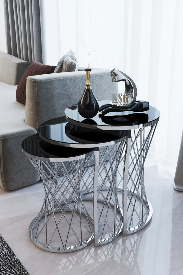 Manhattan Round Nest Of Tables Set - 3 Pieces Nesting Table Tempered Glass Top