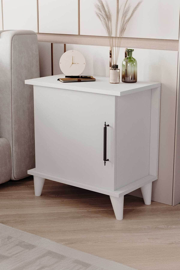 Adela matt white bedside cabinet with two open shelves and cupboard - Sohowells