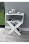 Angled view of matt white X-leg side table showing crossed leg frame - Sohowells