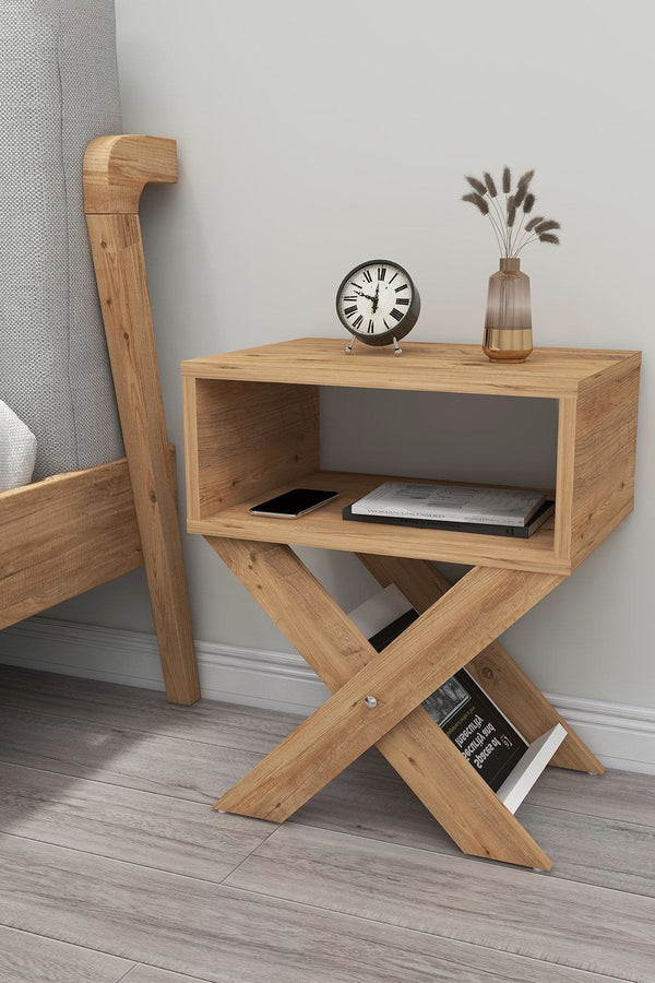 Light pine effect X-leg bedside table with magazine rack and open shelf - Sohowells