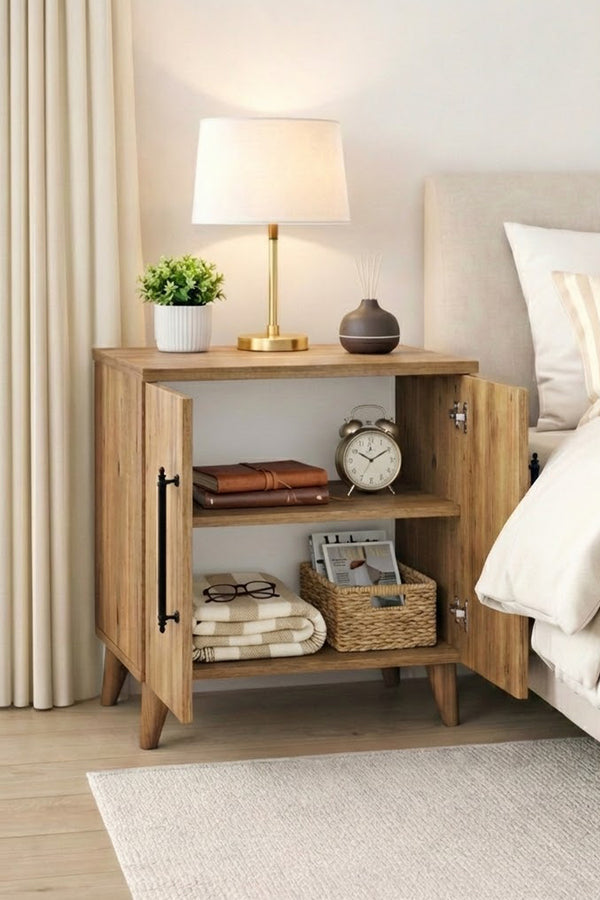 Close-up of the pine effect grain and door edge on the Lumen bedside table