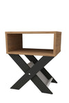 Pine and anthracite X-leg bedside table shown in a room setting - Sohowells