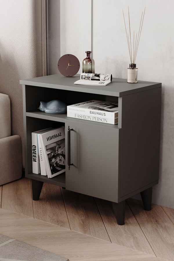 Anthracite grey three compartment bedside cabinet with door and open shelves - Sohowells