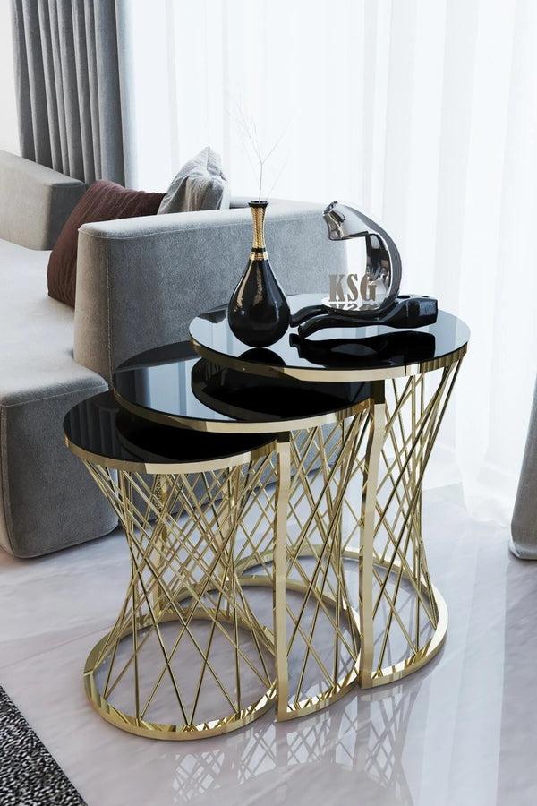 Wembley Round Nest Of Tables Set - 3 Pieces Nesting Table Tempered Glass Top