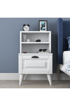 White bedside table shown in a bedroom setting - Sohowells