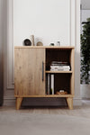 Light pine bedside cabinet with cupboard door open showing internal storage - Sohowells