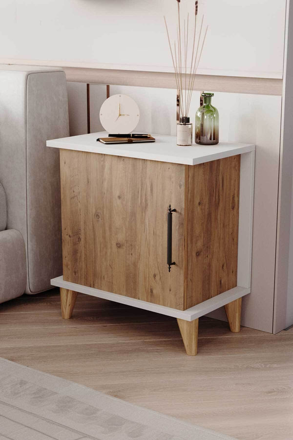 Adela light pine effect bedside cabinet with two open shelves and cupboard - Sohowells