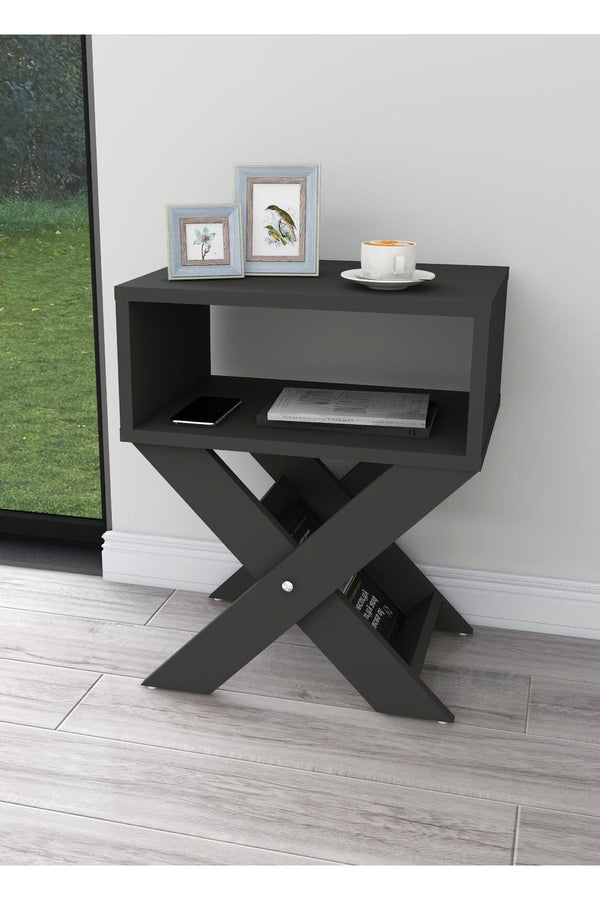 Angled view of anthracite X-leg side table showing crossed leg frame - Sohowells