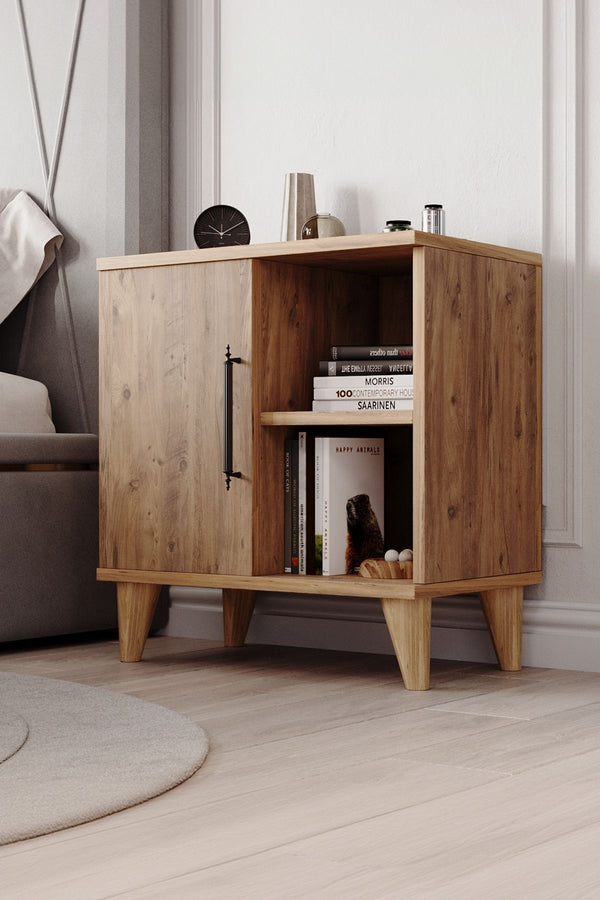 Light pine bedside cabinet styled with a lamp and books on the open shelves - Sohowells