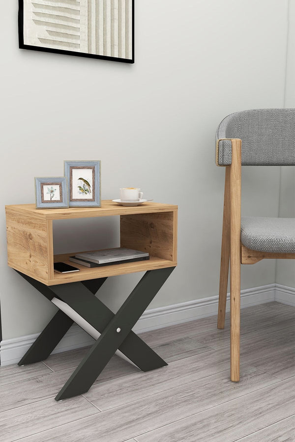 Angled view of pine and anthracite X-leg side table showing crossed frame - Sohowells