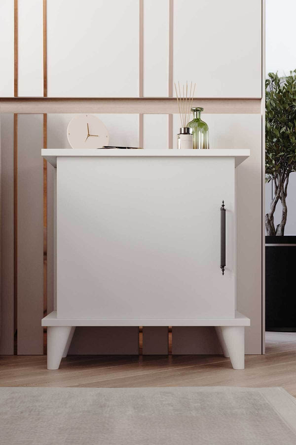 Adela white bedside cabinet with cupboard door open showing internal storage - Sohowells