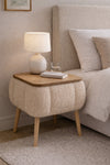 Beige teddy fabric upholstered Lina storage bedside table with wooden legs - Sohowells