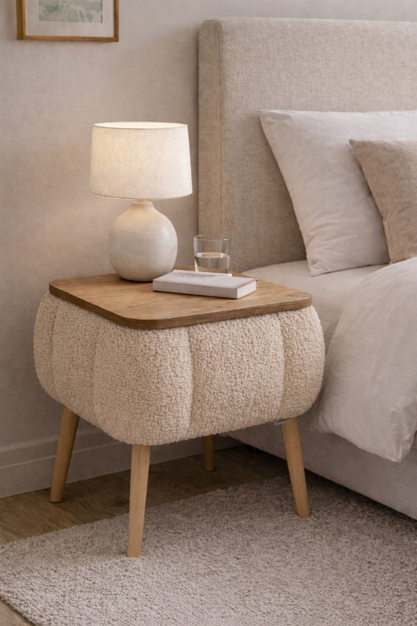 Beige teddy fabric upholstered Lina storage bedside table with wooden legs - Sohowells