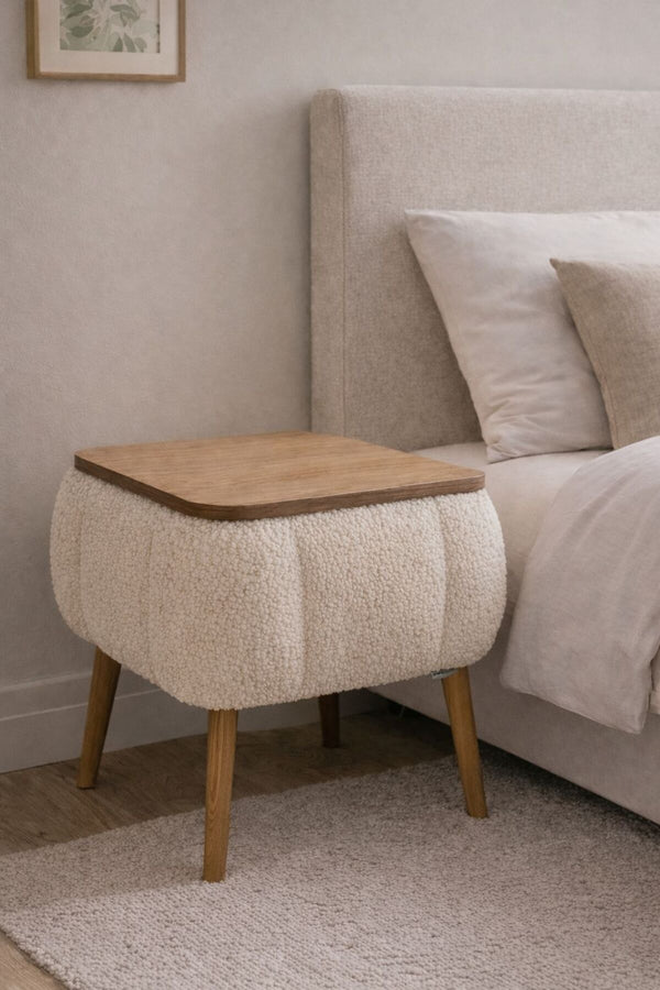 Beige Lina bedside table with the lift-up top open showing storage inside - Sohowells