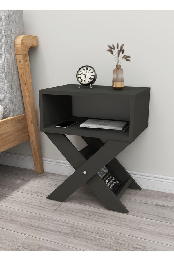 Anthracite grey X-leg bedside table with magazine rack and open lower shelf - Sohowells