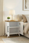 Side profile showing the 32cm depth of the two-tone Lumen bedside cabinet