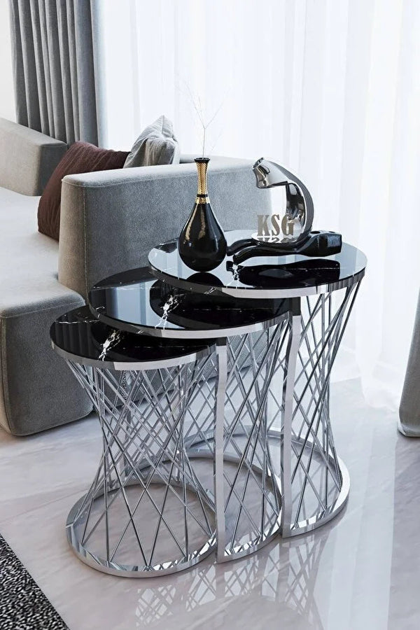 Paglia Round Nest Of Tables Set - 3 Pieces Nesting Table Tempered Glass Top