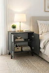 Close-up of the matt anthracite finish and door edge on the Lumen bedside table