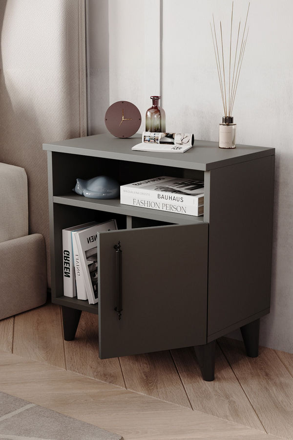Close up detail of metal handle and anthracite finish on bedside cabinet - Sohowells
