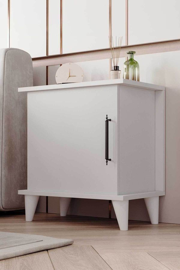 Adela white bedside cabinet styled with books and accessories on the open shelves - Sohowells