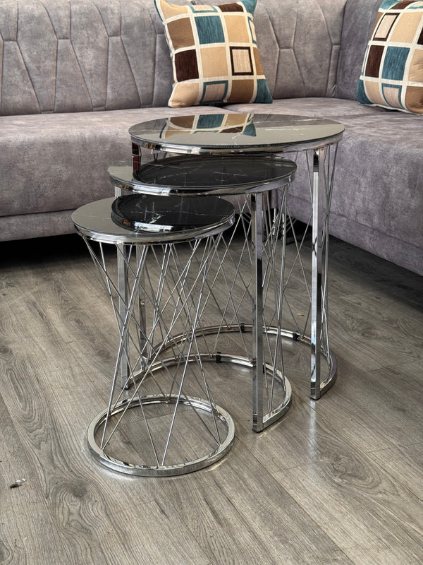Paglia Round Nest Of Tables Set - 3 Pieces Nesting Table Tempered Glass Top