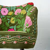 Embroidered olive green velvet armchair showing tall square back - Sohowells