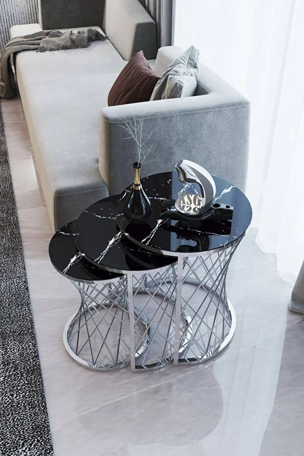 Paglia Round Nest Of Tables Set - 3 Pieces Nesting Table Tempered Glass Top