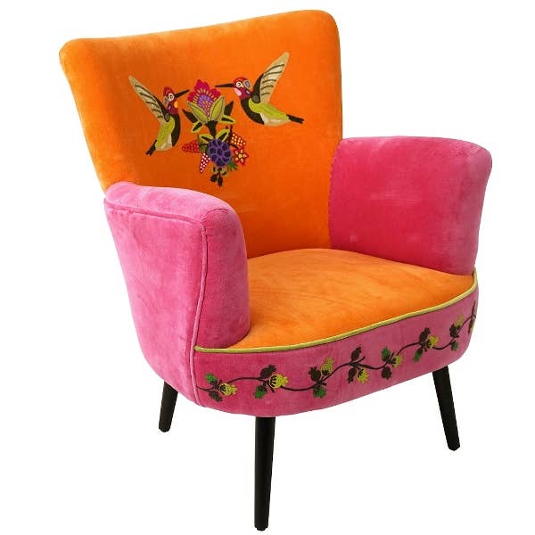 Kolibri hand-embroidered armchair in orange and magenta velvet with hummingbird embroidery - Sohowells