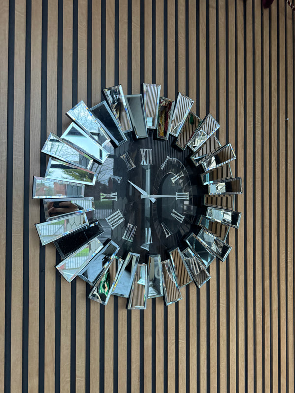 Piano Decorative Wall Clock Oversize Extra Large, Real Mirror & Glass Chrome