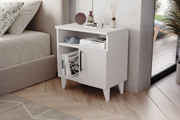 Kommen white bedside cabinet with cupboard and two open shelves - Sohowells