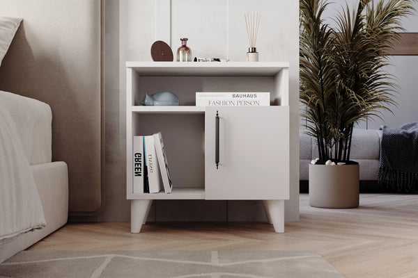Detail of Kommen white cabinet metal handle and shelving - Sohowells