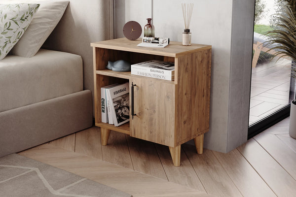 Kommen light pine effect bedside cabinet with cupboard and two open shelves - Sohowells