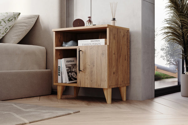 Kommen light pine bedside cabinet shown in a bedroom setting - Sohowells