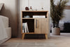 Detail of Kommen light pine cabinet metal handle and shelving - Sohowells
